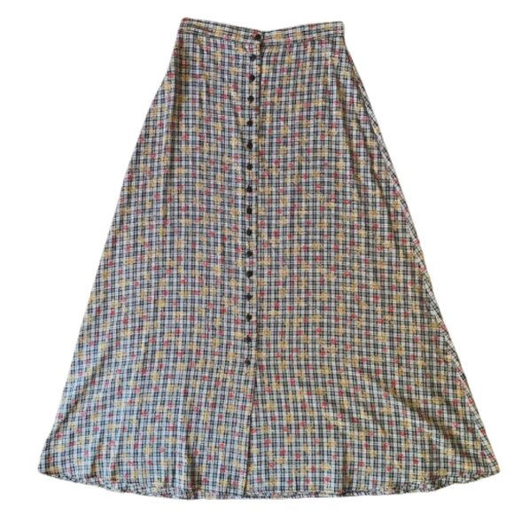 Vintage 90s maxi demure ditzy floral print high waist A line button front skirt - Picture 1 of 13